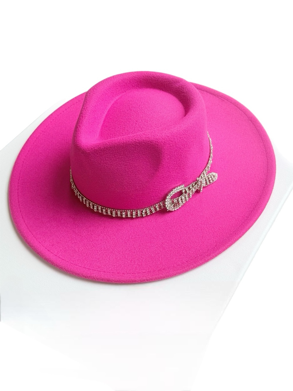 Fuchsia Rhinestone Buckle‎ Fedora Wide Brim Hat